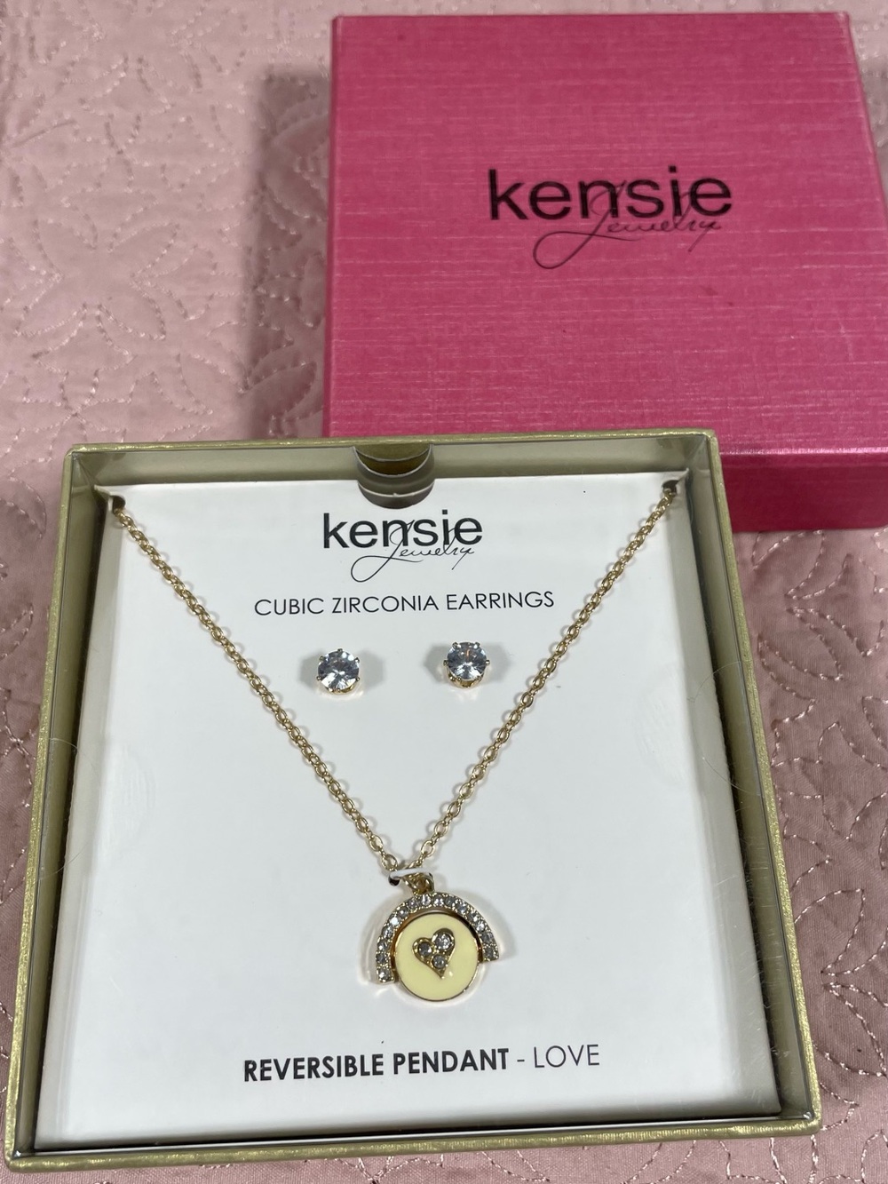 Kensie Gold Tone Reversible Pendant Necklace with Clear CZ Stud Earrings